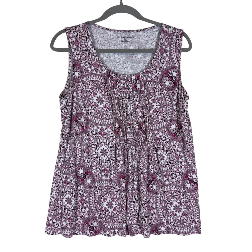 Croft & Barrow Tank Top Womens Medium Pink Paisley Scoop Neck Pleated Jersey